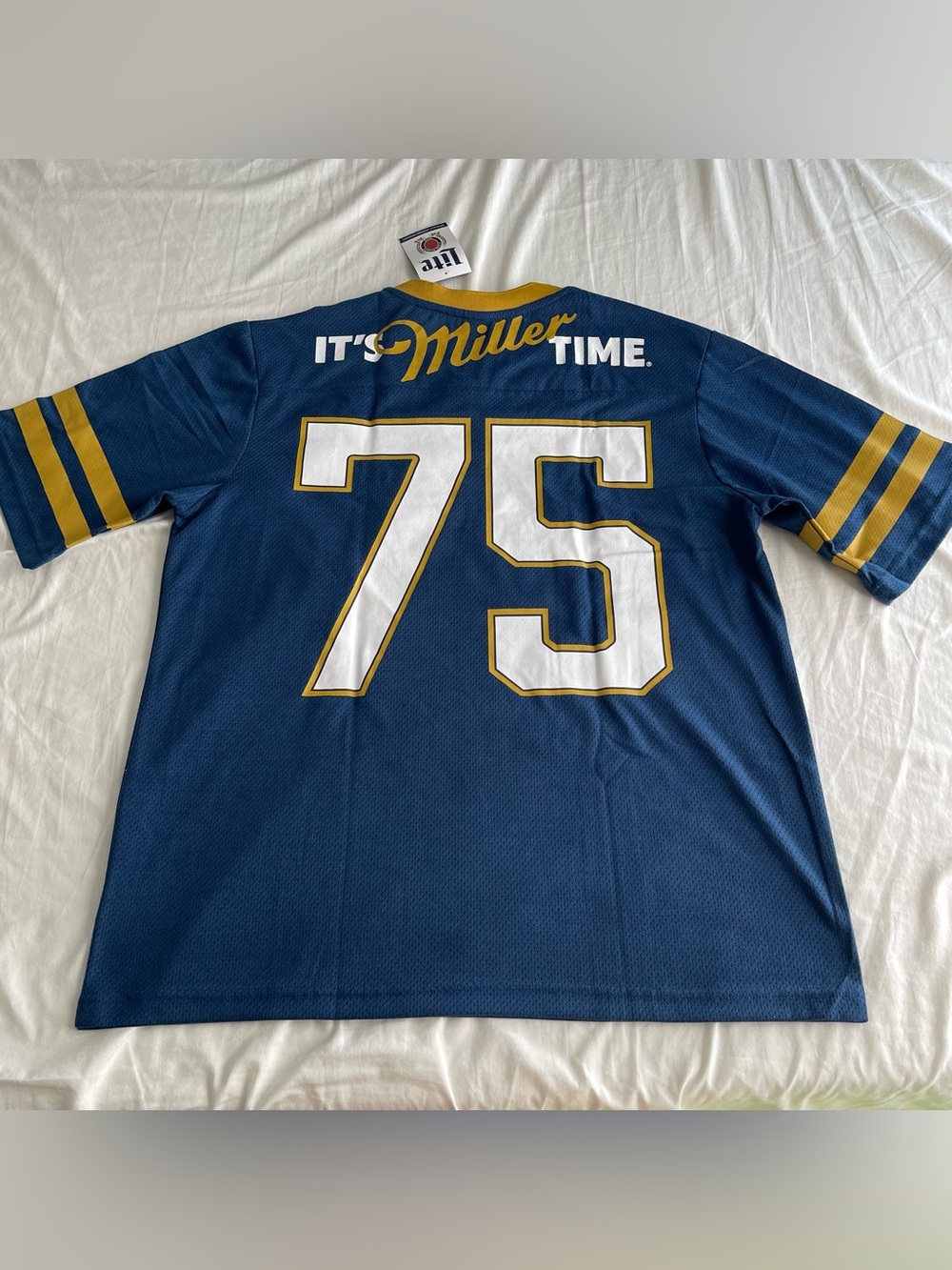 It’s Miller Lite Time football Jersey L Back Graphics 75 Blue Stitched Patch